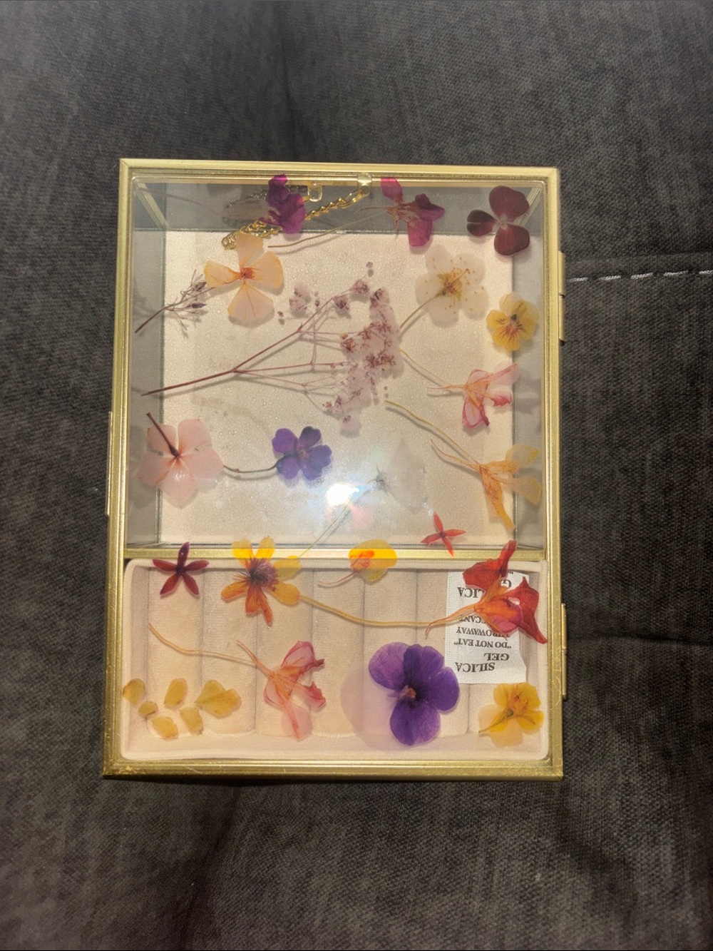 Pressed Flower Glass Jewelry Box - Gold Trim